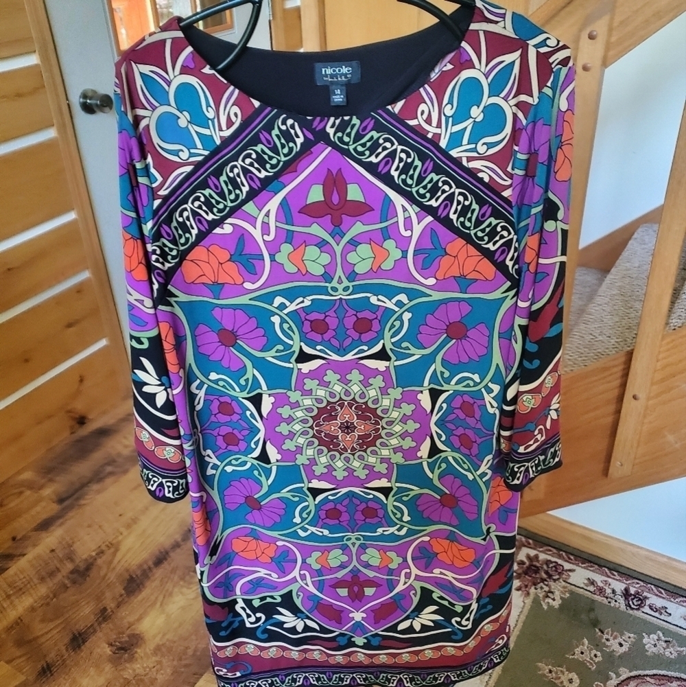 Nicole‎ by Nicole Miller Colorful 3/4 Sleeve Geometric Shift Sz. 14 Dress